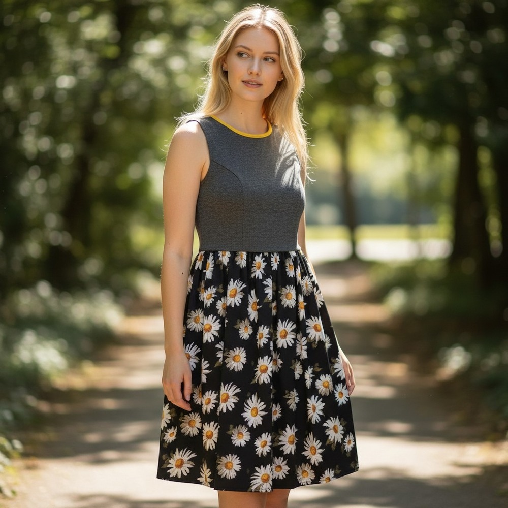 Fit and Flare Dress Womens Small Black Daisy Floral Sleeveless 90s Style Cottage